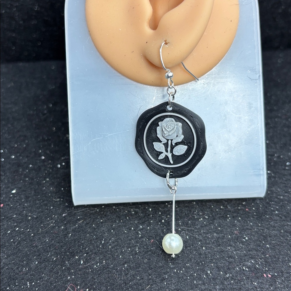Black & Silver Rose Postage Stamp Earrings with Pearl Drop - Picture 4 of 5